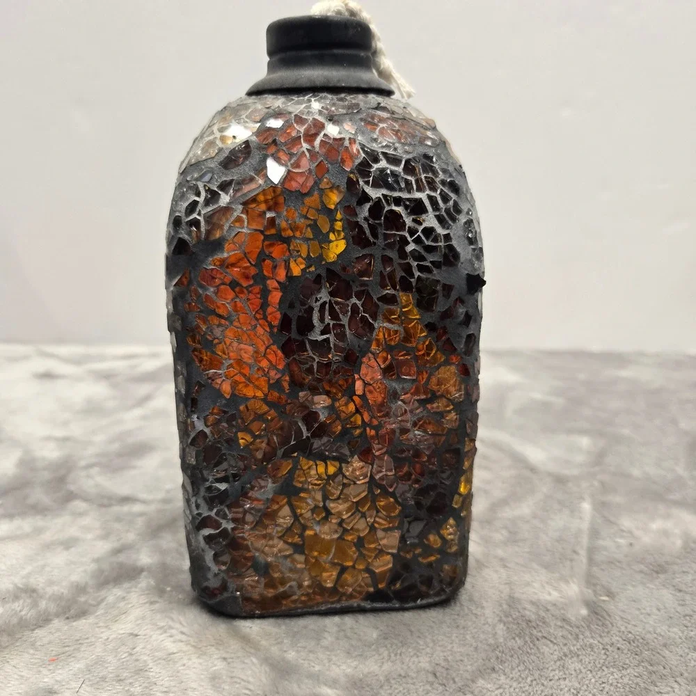 Mosaic Glass Oil Lamp Amber Orange Crackle Glass Decorative Bottle‎ with Wick
